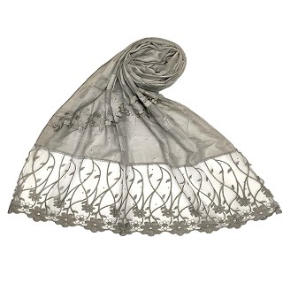 Net hijab with flower design and moti work - Grey